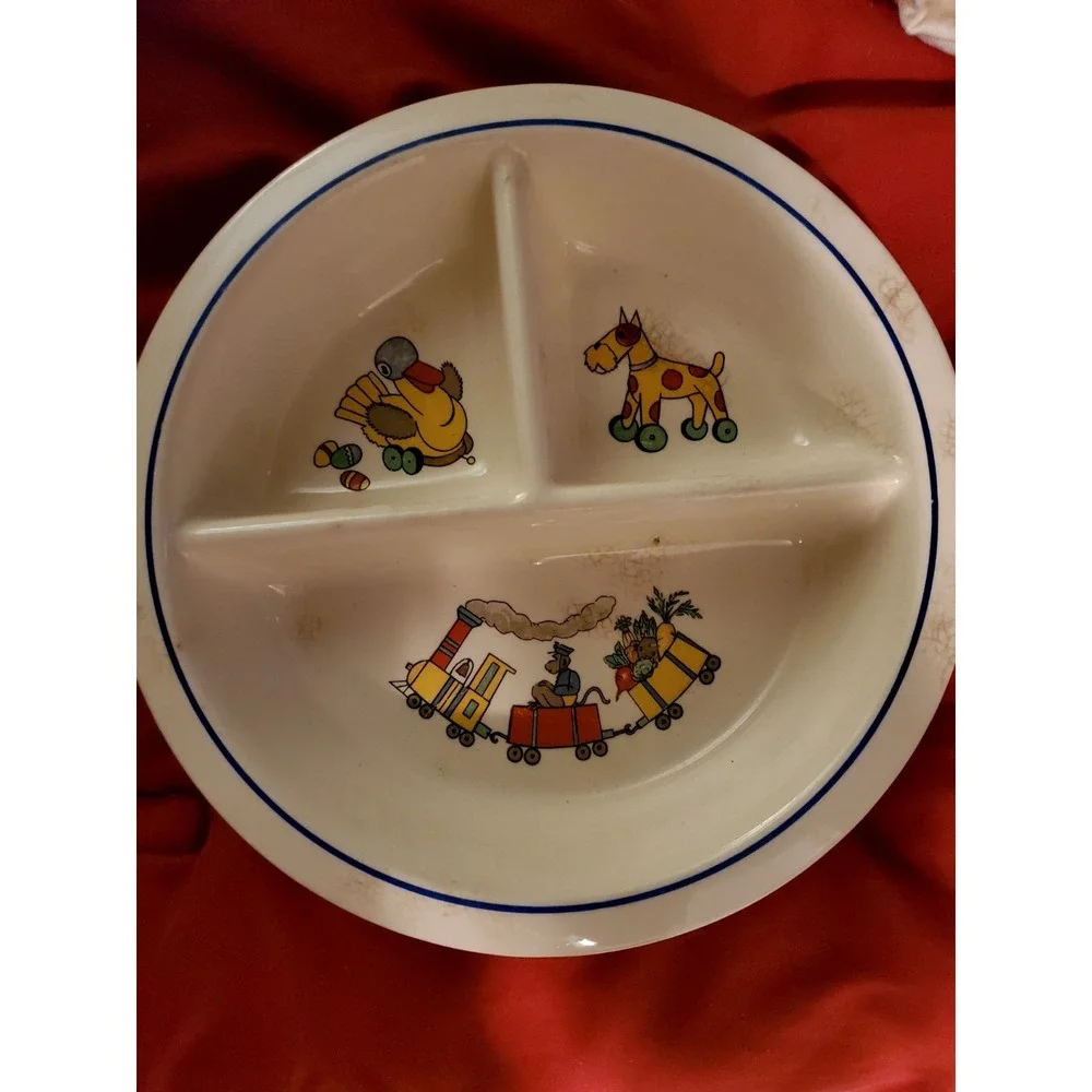 Vintage 1940's Excello Porcelain‎ Divided Warming Plate W/Antique Toys Pattern